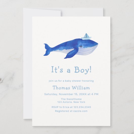 ブルークジラの赤ちゃんシャワーの下の男の子 招待状 (正面)