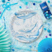 ブルークジラファミリーホワイト ペーパープレート (パーティー)