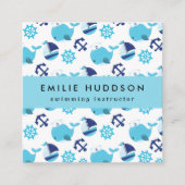 ブルークジラ、泳ぐインストラクター、スイミングコーチ スクエア名刺 (正面)