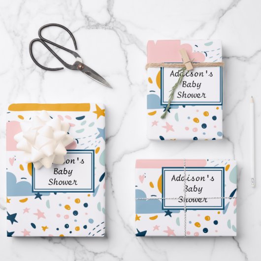 ブルークラウズスターレインドロップ赤ちゃんシャワー ラッピングペーパーシート (正面)