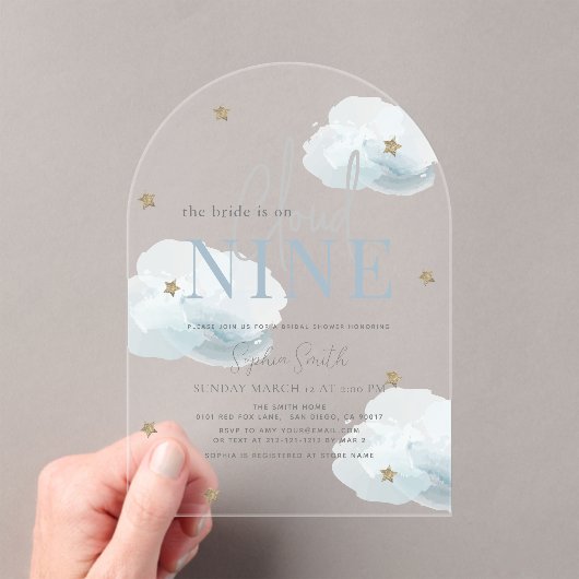 ブルークラウド9金ゴールドスターズウォーターカラーブライダルシャワー アクリル招待状 (インサイチュ (ポータブル))