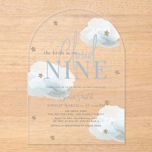 ブルークラウド9金ゴールドスターズウォーターカラーブライダルシャワー アクリル招待状 (正面)