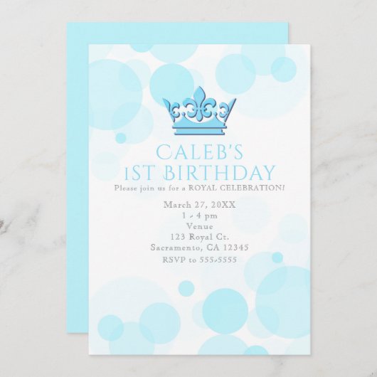 ブルークラウン&ドット王室のバースデーパーティ招待状 招待状 (正面/裏面)