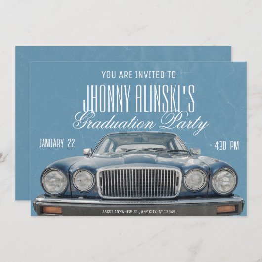 ブルークラシックカー卒業招待状 招待状 (正面/裏面)