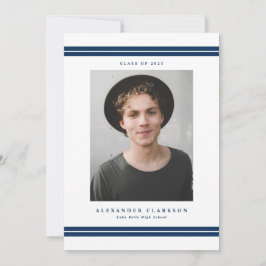 ブルークラシックストライプの写真モダンの卒業 案内状