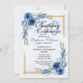 ブルークラシックフローラ女子エレガント50誕生日 招待状 (正面)