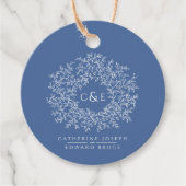 ブルークラシックモノグラムホワイトアートカスタムウェディング フェイバータグ (正面)