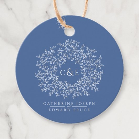 ブルークラシックモノグラムホワイトアートカスタムウェディング フェイバータグ (正面)