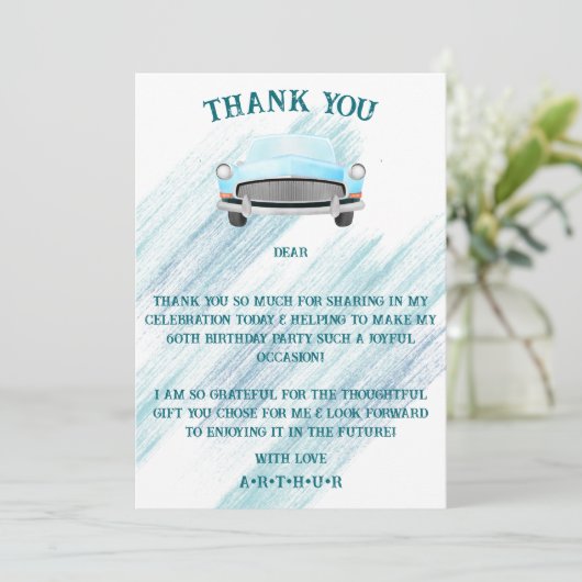 ブルークラシックレトロ車のヴィンテージ水色 サンキューカード (スタンド正面)