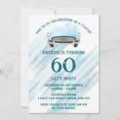 ブルークラシックレトロ車のヴィンテージ水色 招待状 (正面)