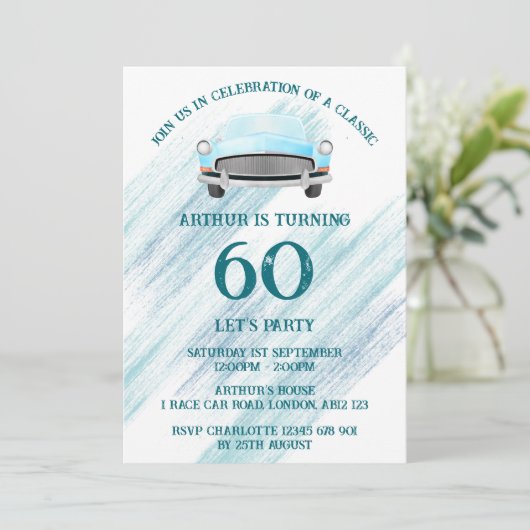 ブルークラシックレトロ車のヴィンテージ水色 招待状 (スタンド正面)