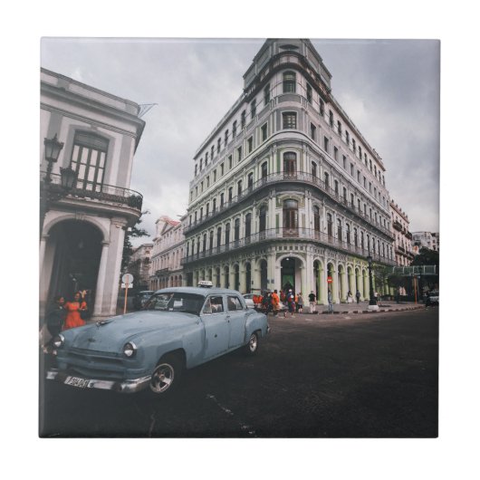 ブルークラシックヴィンテージカー街並み タイル (正面)