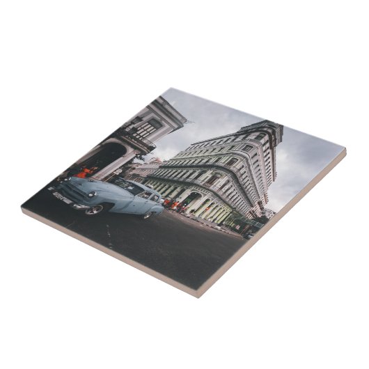 ブルークラシックヴィンテージカー街並み タイル (側面)