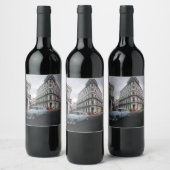 ブルークラシックヴィンテージカー街並み ワインラベル (ボトル)