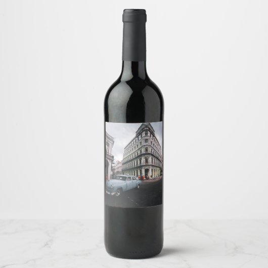 ブルークラシックヴィンテージカー街並み ワインラベル (正面)