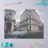 ブルークラシックヴィンテージカー街並み 薄葉紙 (クラフト)