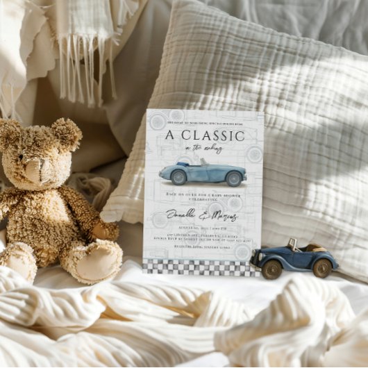 ブルークラシックヴィンテージ車のベビーシャワーを作る際の 招待状