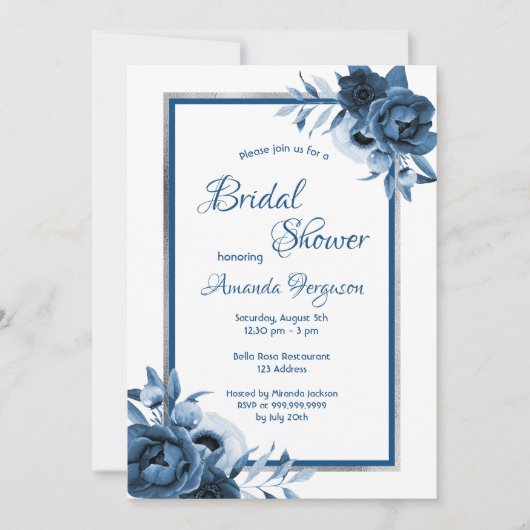 ブルークラシック花模様ホワイトシルバーブライダルシャワー 招待状 (正面)