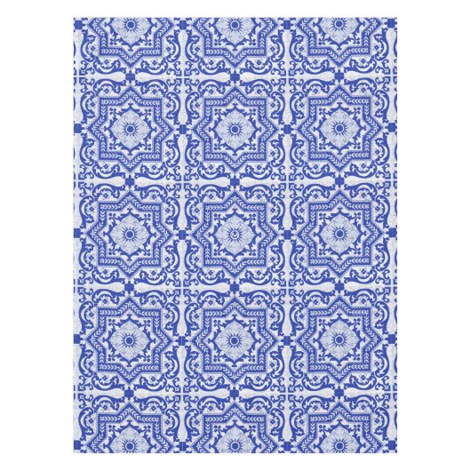 ブルークラックドセラミックスタイルアズレホヴィンテージ テーブルクロス (正面)