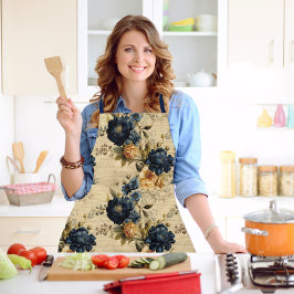 ブルークリエレガントームイエローフローラヴィンテージパターン エプロン