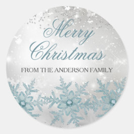 ブルークリスタルスノーフレーククリスマスステッカー ラウンドシール