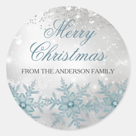 ブルークリスタルスノーフレーククリスマスステッカー ラウンドシール (正面)