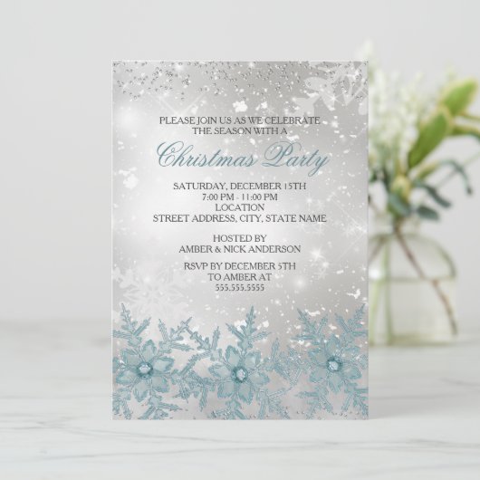 ブルークリスタルスノーフレーククリスマスパーティー招待状 招待状 (スタンド正面)