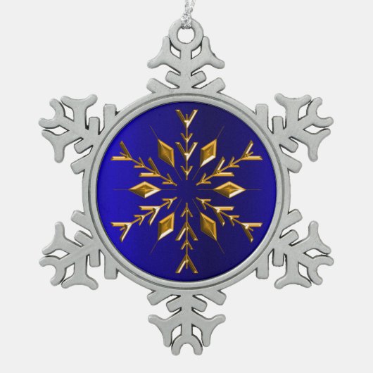 ブルークリスマスに黄金のスノーフレーク スノーフレークピューターオーナメント (正面)