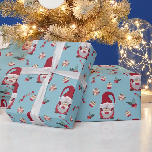 ブルークリスマスのケーキを持つノーム ラッピングペーパー (クリスマス)