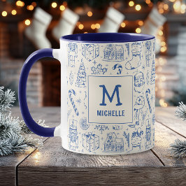 ブルークリスマスのドゥードルモノグラムと名前 マグカップ