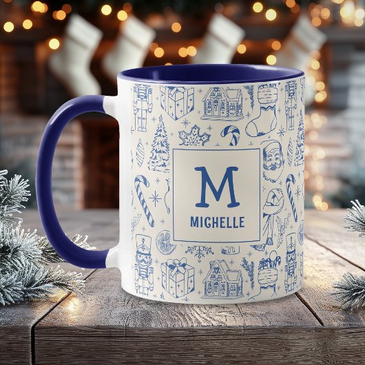 ブルークリスマスのドゥードルモノグラムと名前 マグカップ