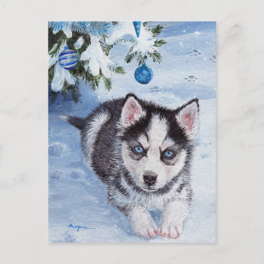 ブルークリスマスのハスキー犬のパップクリスマス葉書 シーズンポストカード (正面)
