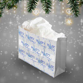 ブルークリスマスアート風クリスマスツリーギフトバッグ ラージペーパーバッグ