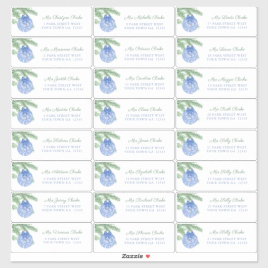 ブルークリスマスオーナメントゲスト住所 シール (シート)