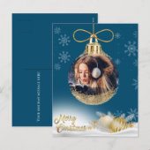 ブルークリスマスオーナメント写真の雪モダン片 シーズンポストカード (正面/裏面)