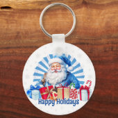 ブルークリスマスサンタヴィンテージハッピーホリデイズ キーホルダー (正面)