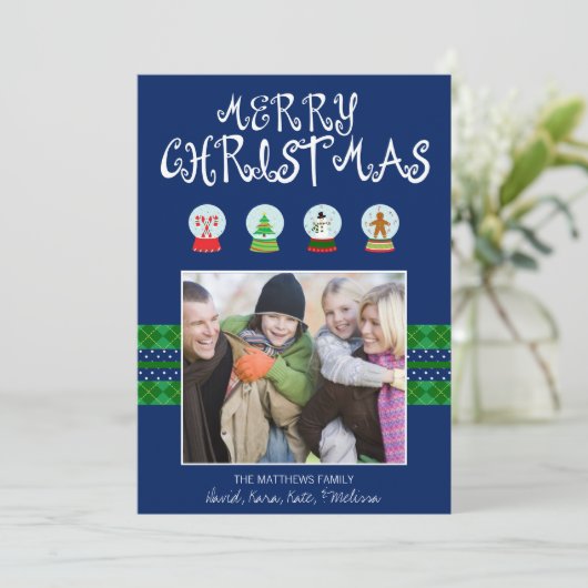 ブルークリスマススノーグローブズホリデーフォトカード シーズンカード (スタンド正面)