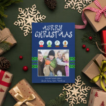 ブルークリスマススノーグローブズホリデーフォトカード