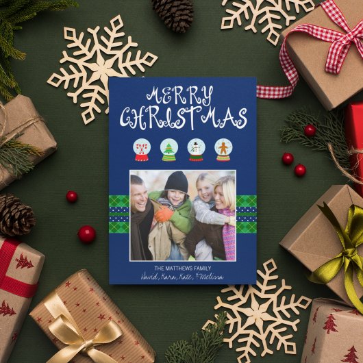 ブルークリスマススノーグローブズホリデーフォトカード シーズンカード