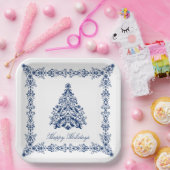 ブルークリスマスツリーあなたの背景と文字 ペーパープレート (パーティー)