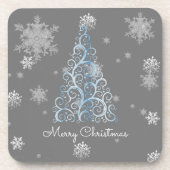 ブルークリスマスツリーと雪片プラスチックコースター コースター (正面)