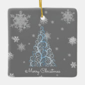 ブルークリスマスツリーと雪 セラミックオーナメント (正面)