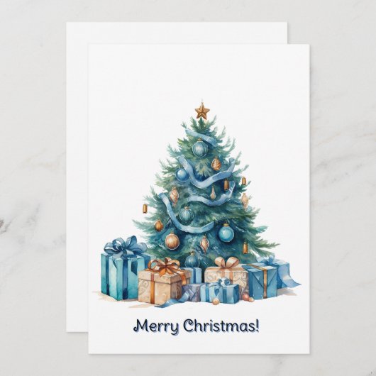 ブルークリスマスツリーウォーターカラーアート シーズンカード (正面/裏面)