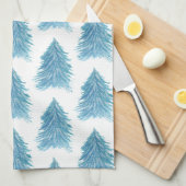 ブルークリスマスツリーパターンウォーターカラーホリデー キッチンタオル (四つ折り)