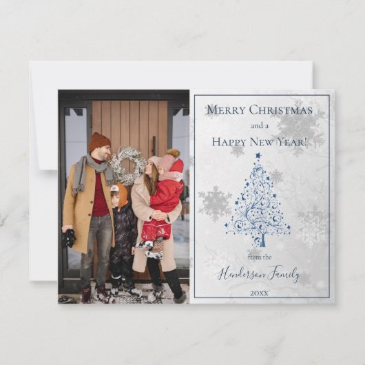 ブルークリスマスツリーフォトフラットホリデーフォトカード シーズンカード (正面)