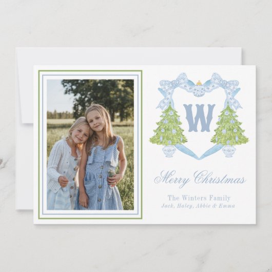 ブルークリスマスツリーモノグラムクレスト写真 シーズンカード (正面)