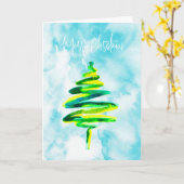 ブルークリスマスツリー抽象芸術水彩カード カード (黄色い花)