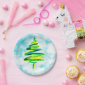 ブルークリスマスツリー水彩紙プレート ペーパープレート (パーティー)