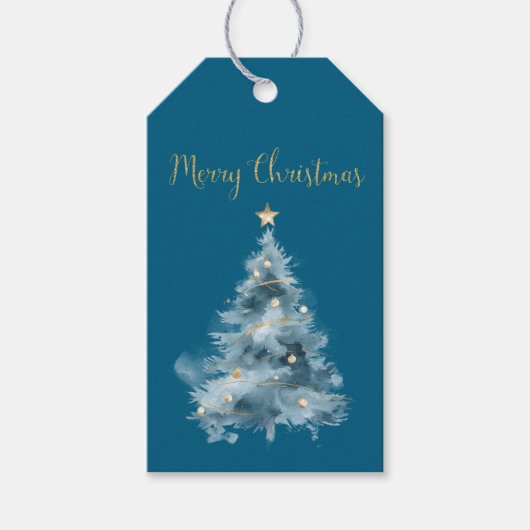 ブルークリスマスツリー金ゴールドスターグリッタークリスマス ギフトタグ (正面)