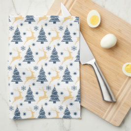 ブルークリスマスツリー&イエローホリデートナカイ キッチンタオル